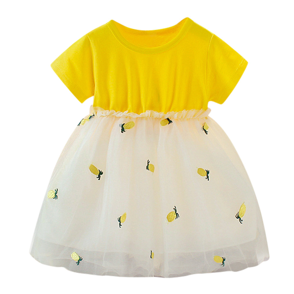 JSCDRPDWL Flower Girl Dress Summer Toddler Kids Girls Short Sleeve Pineapple Tutu Princess Leisure Dress Vestidos Para Niñas Yellow 12-18 Months